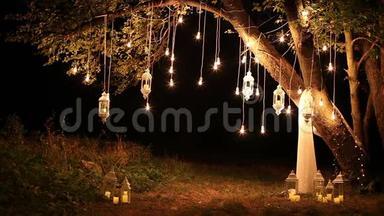 装饰古董爱迪生风格的灯丝灯泡挂在树林里，玻璃灯笼，灯装饰花园在